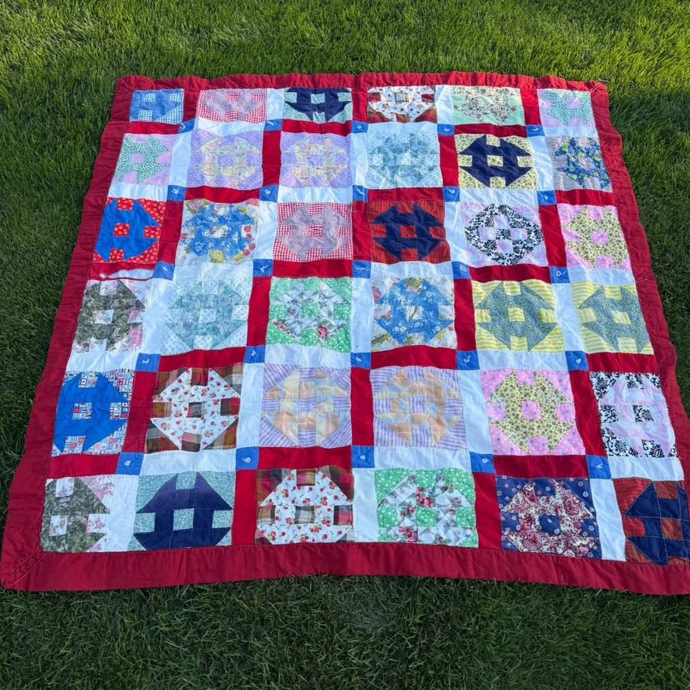 B+ Handmade Patchwork Quilt Churn Dash Scrap Floral Red Blue White 66x65 Vintage